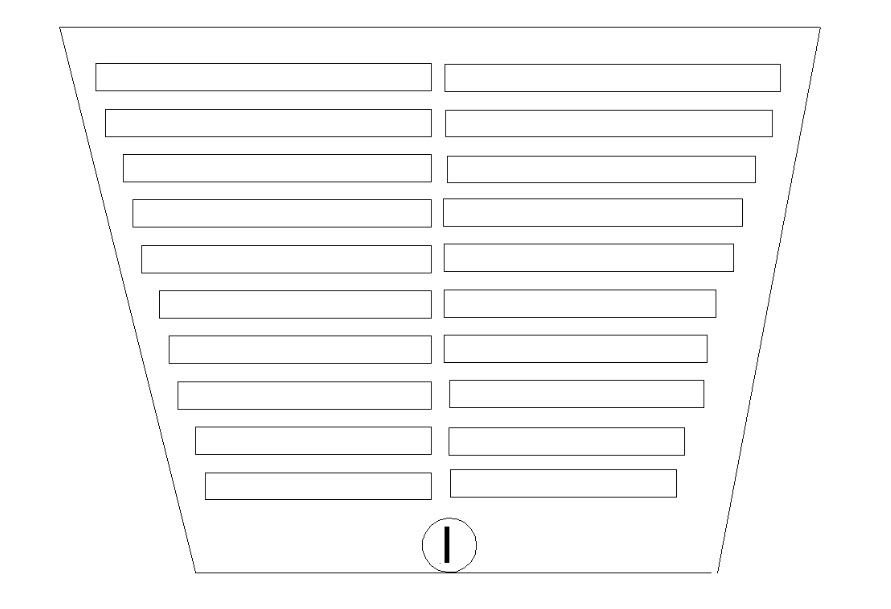 Trapezoidal shape with horizontal bars and a circle at the bottom center.