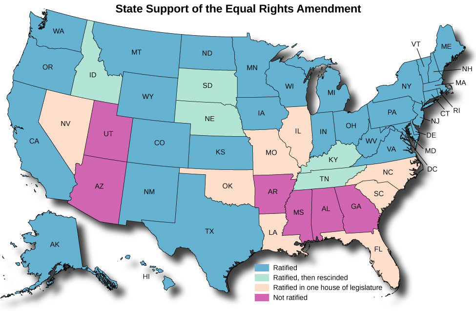 A map of the United States titled “State Support of the Equal Rights Amendment”. States marked as “Ratified” are Washington, Oregon, California, Alaska, Hawaii, Montana, Wyoming, Colorado, New Mexico, North Dakota, Kansas, Texas, Minnesota, Iowa, Wisconsin, Michigan, Indiana, Ohio, West Virginia, Virginia, Maryland, Pennsylvania, Delaware, New Jersey, New York, Connecticut, Rhode Island, Massachusetts, New Hampshire, Maine, and Vermont. States marked as “Ratified, then rescinded” are Idaho, South Dakota, Nebraska, Kentucky, and Tennessee. States marked as “Ratified in one house of legislature” are Nevada, Oklahoma, Missouri, Illinois, Louisiana, Florida, South Carolina, and North Carolina. States marked as “Not ratified” are Utah, Arizona, Arkansas, Mississippi, Alabama, and Georgia.
