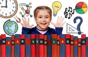 Never Stop Learning words and girl with hands up, graphics for learning areas such as science, music, geography, math.