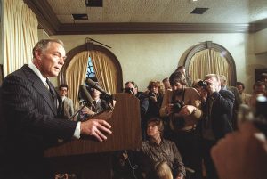 Al Haig, former Secretary of State, speaks to the press about President Ronald Reagan's condition after being shot on March 30, 1981