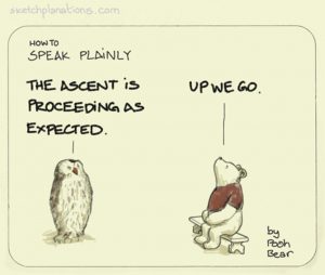 A cartoon that says how to speak plainly. An owl says, "THe ascent is proceeding as expected." The bear says, "Up we go."