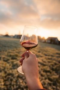 A hand holding a wine glass