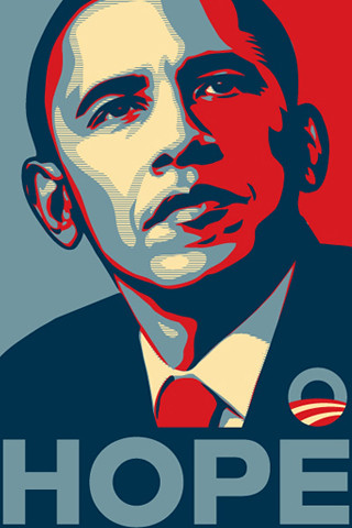 A stylized stencil portrait of Barack Obama in red, beige, and blue with the word "hope" underneath.
