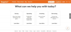 Screenshot of Tangerine.com. On the main page the question "what can we help you with today" is above the four options: saving, spending, investing, and borrowing.