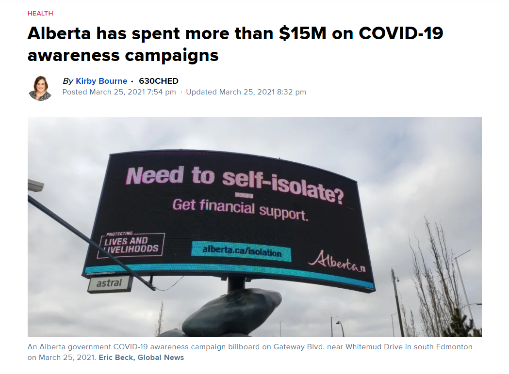 A screenshot of a news article reading "Alberta has spent more than $15M on Covid-19 awareness campaigns" with a picture of a billboard with the text "Need to self-isolate? Get financial support. Alberta.ca/isolation"