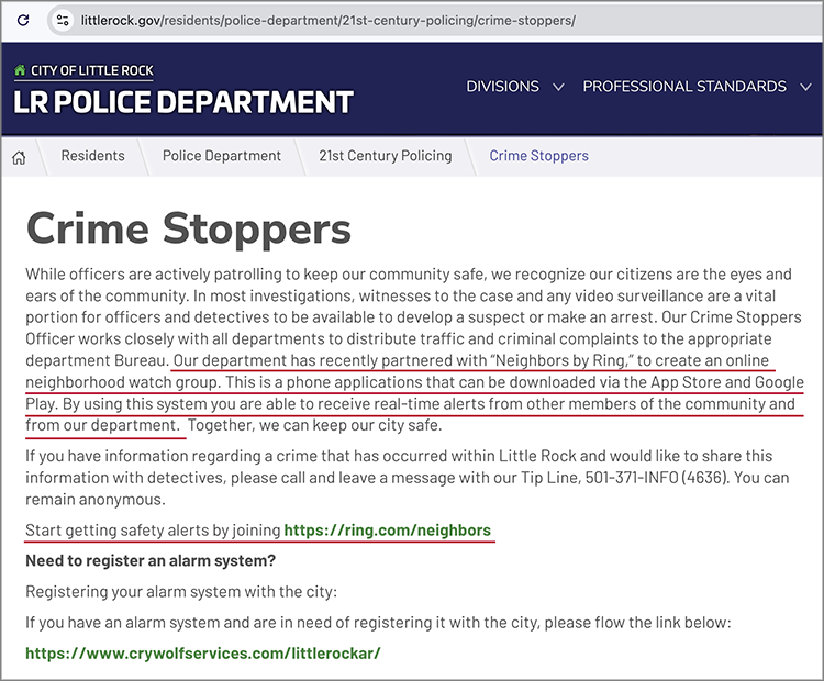 Screenshot of Little Rock Police web page