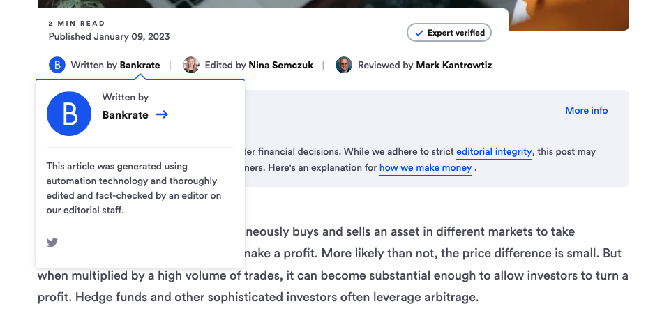 Screenshot of Bankrate.com attribution for AI content