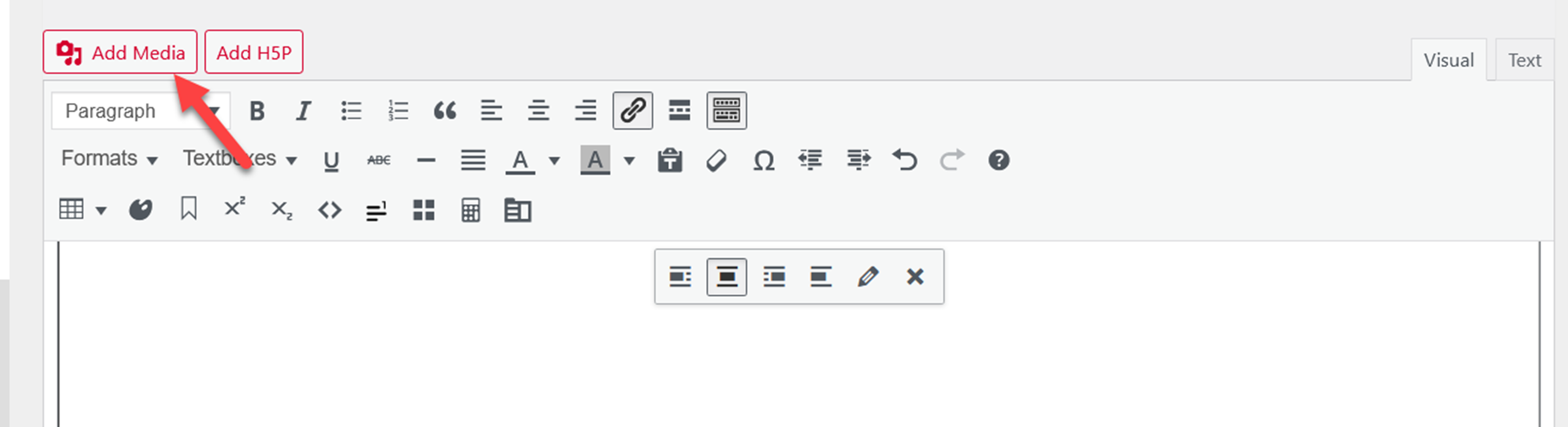 This image shows the Add media button above the text editor