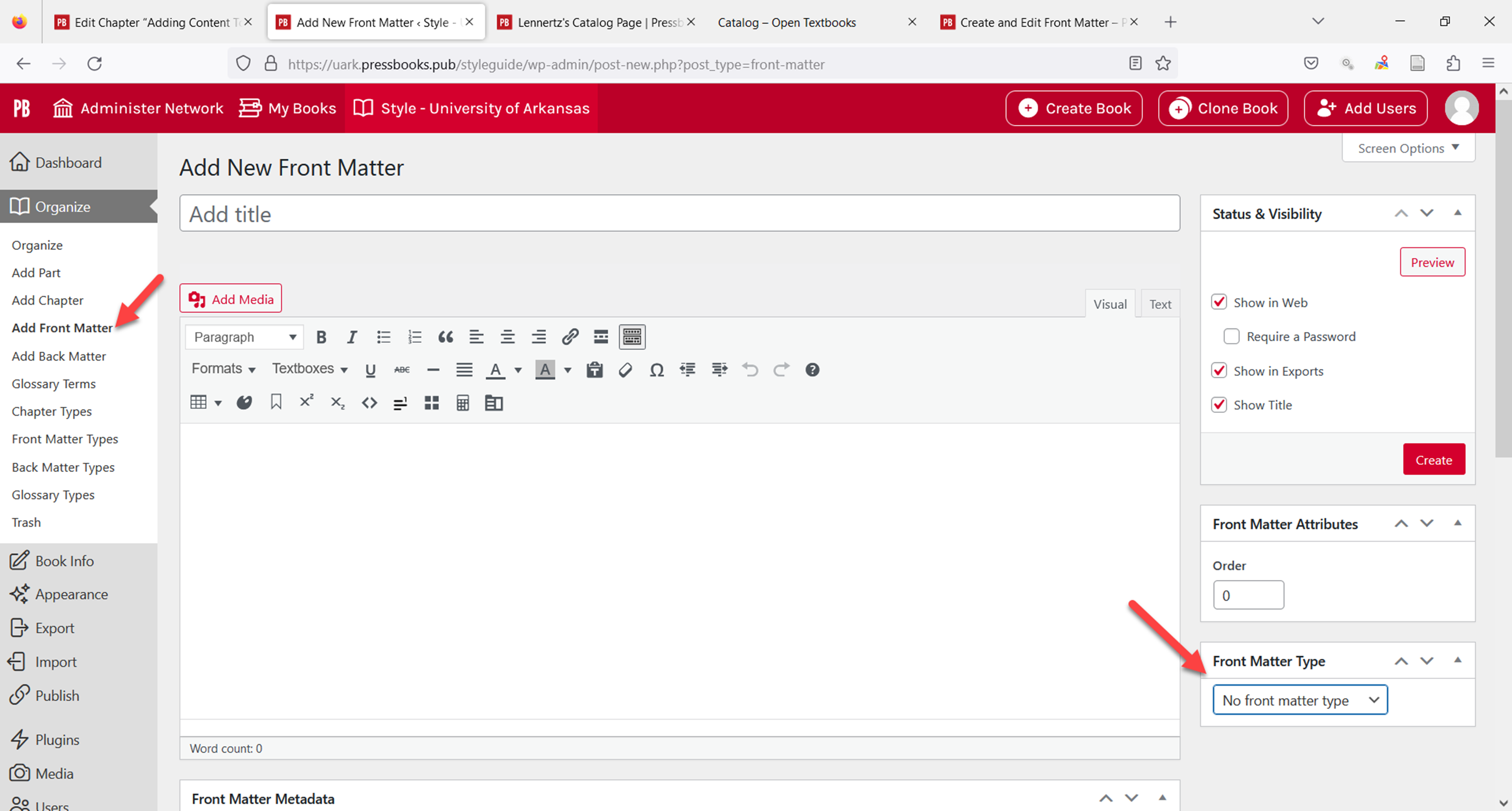 The adding front matter screen demonstrating the location of the front matter selection tool on the right side of the screen