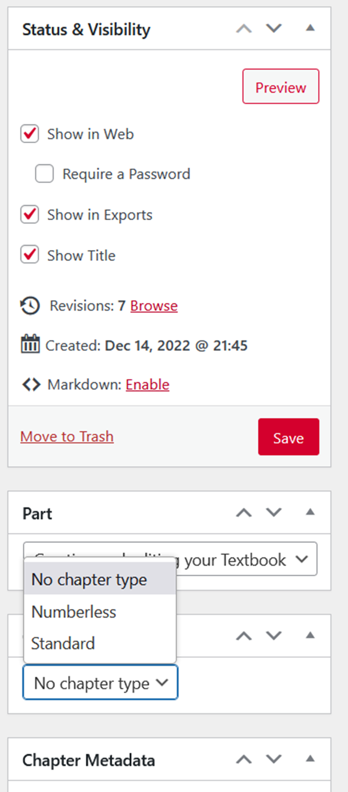 Shows a portion of the right toolbar including status and visibility setting and the chapter type selection tool