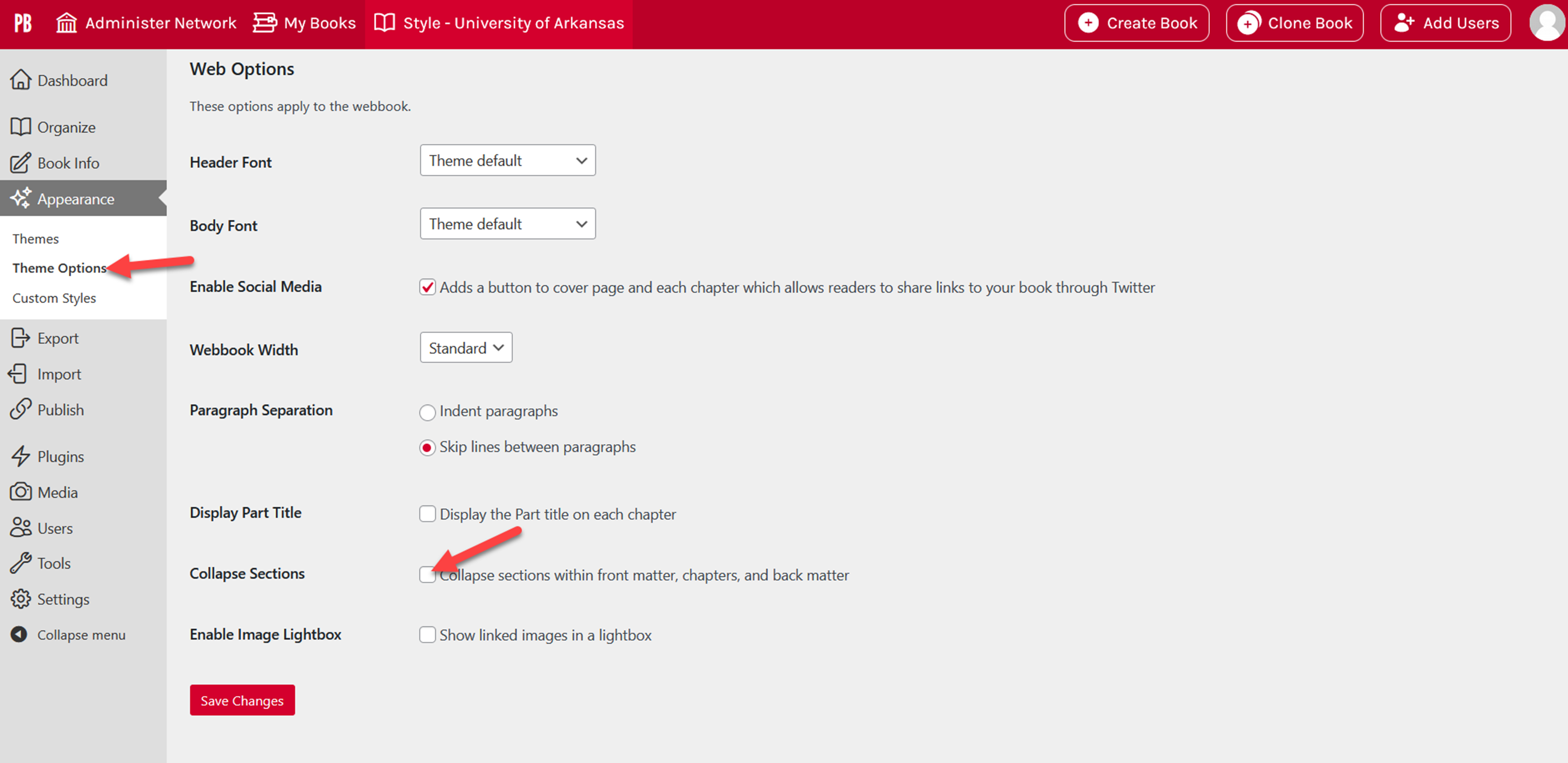 The theme option page showing the checkbox to collapse sections
