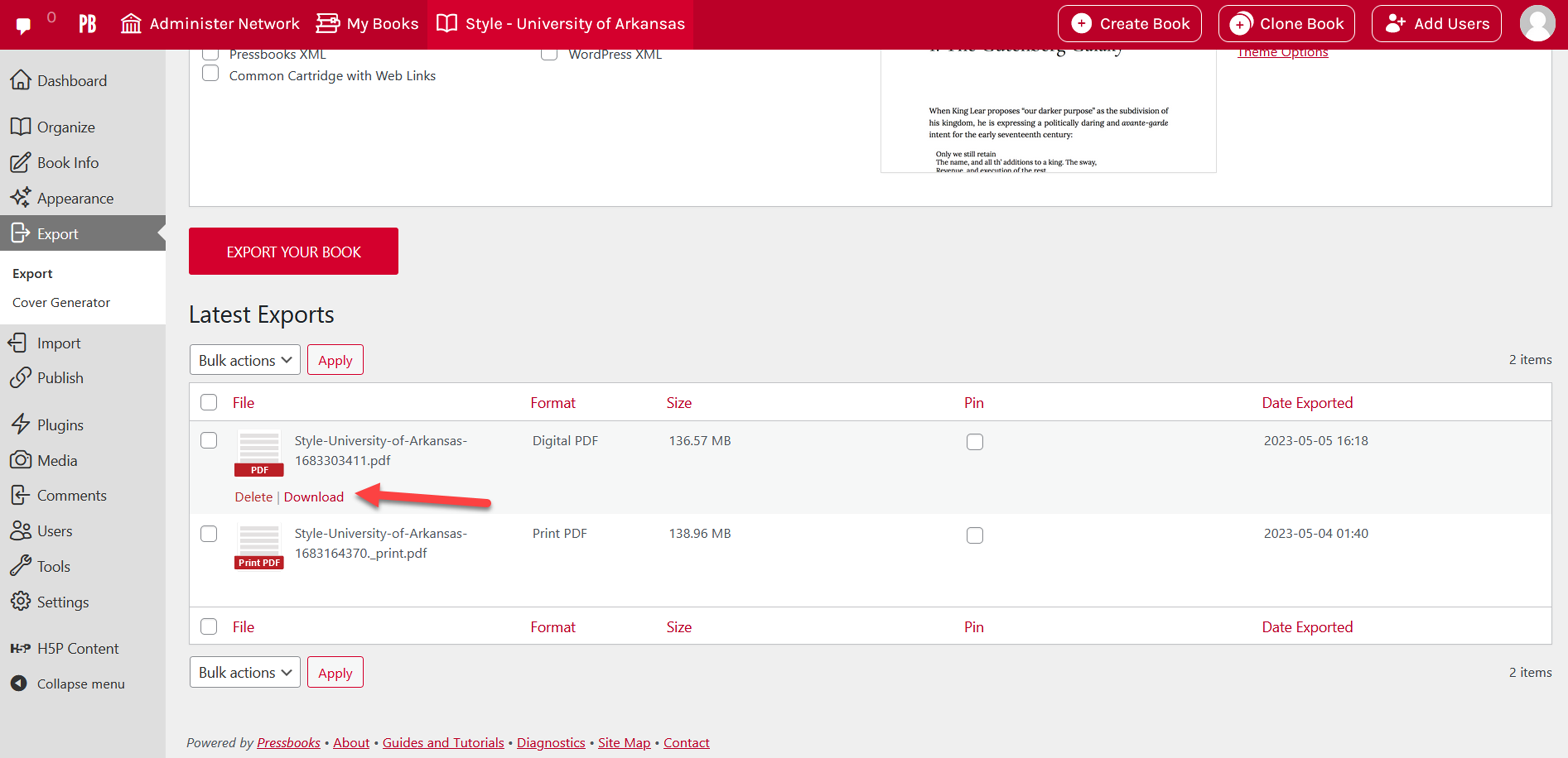 A book export is highlighted and the delete and download links are visible.