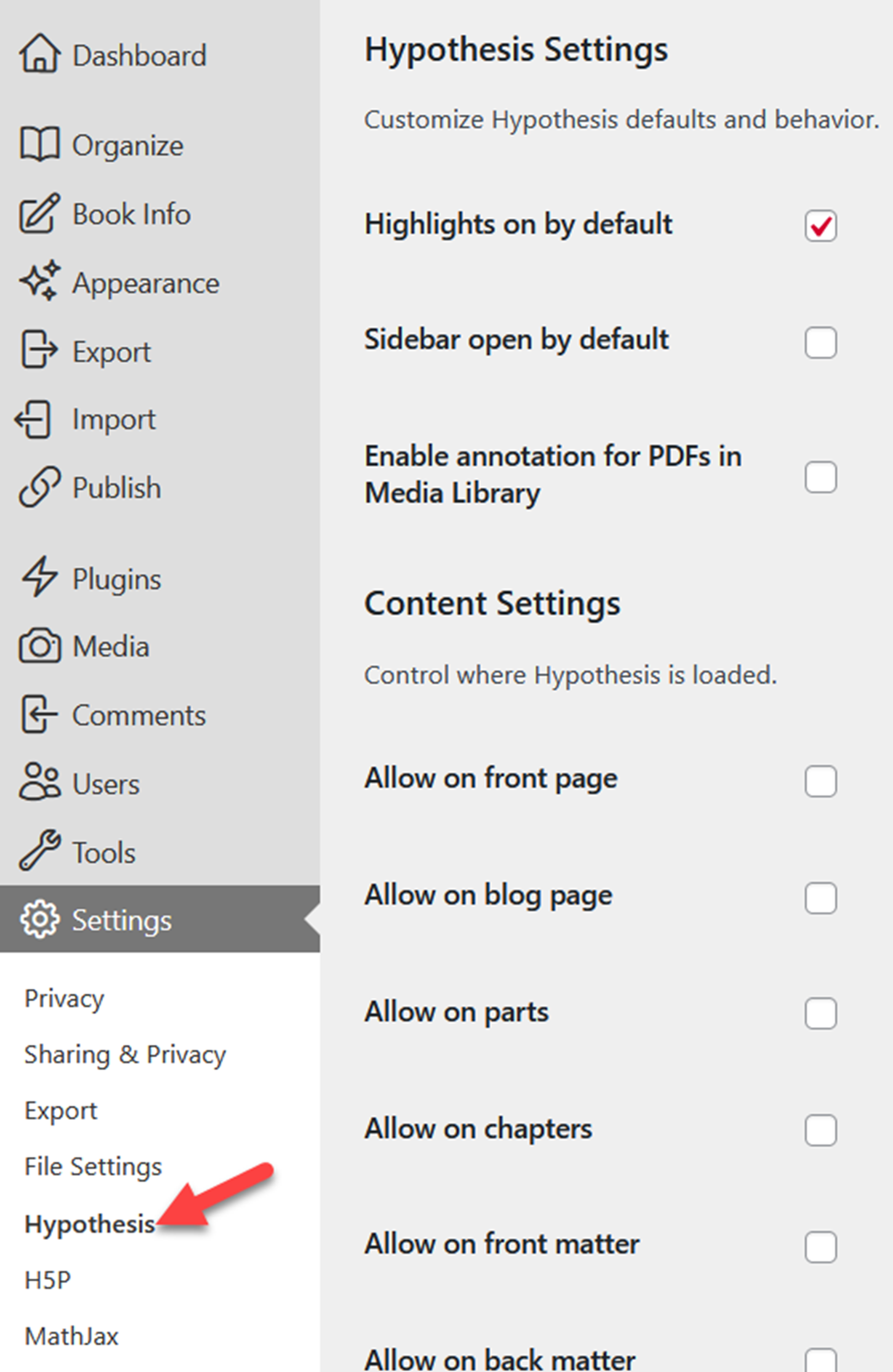 This is the Hypothesis settings page found under the settings area of the left toolbar.