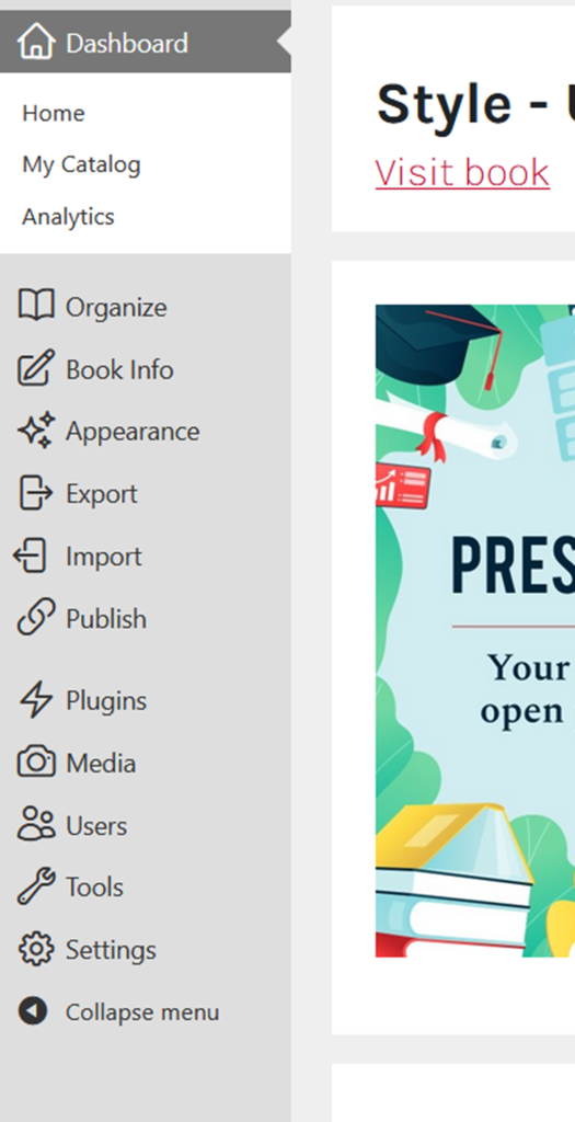 This is an image of the left hand navigation in Pressbooks