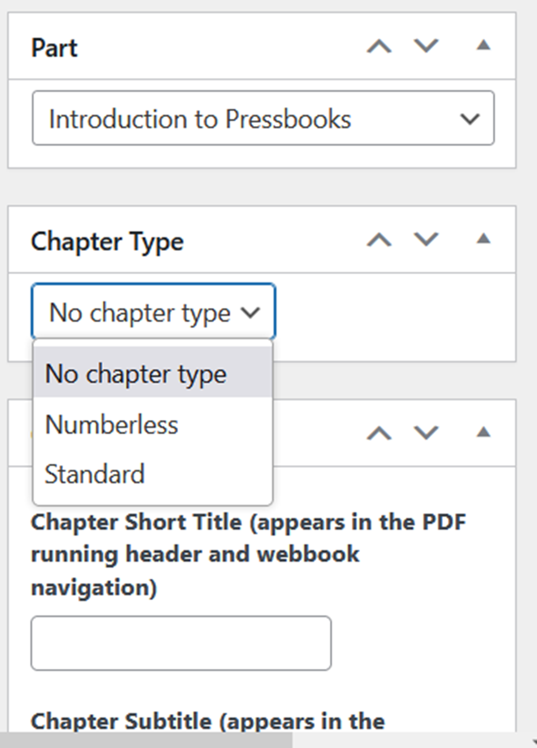 Shows the chapter type drop down with no chapter type, numberless and standard selection