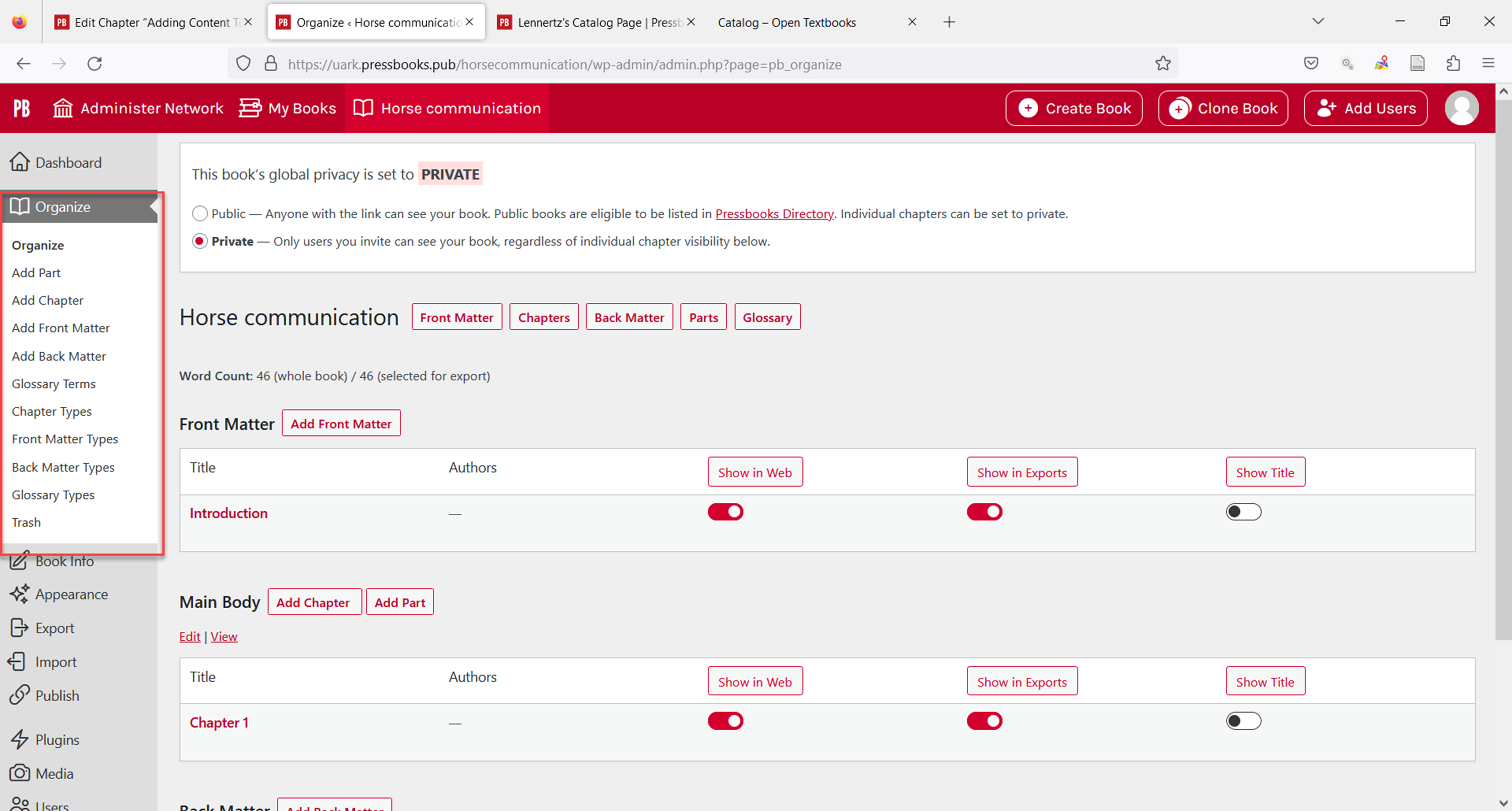 The is the entry screen for organizing the textbook. The menu of organization items may be found on the left toolbar.