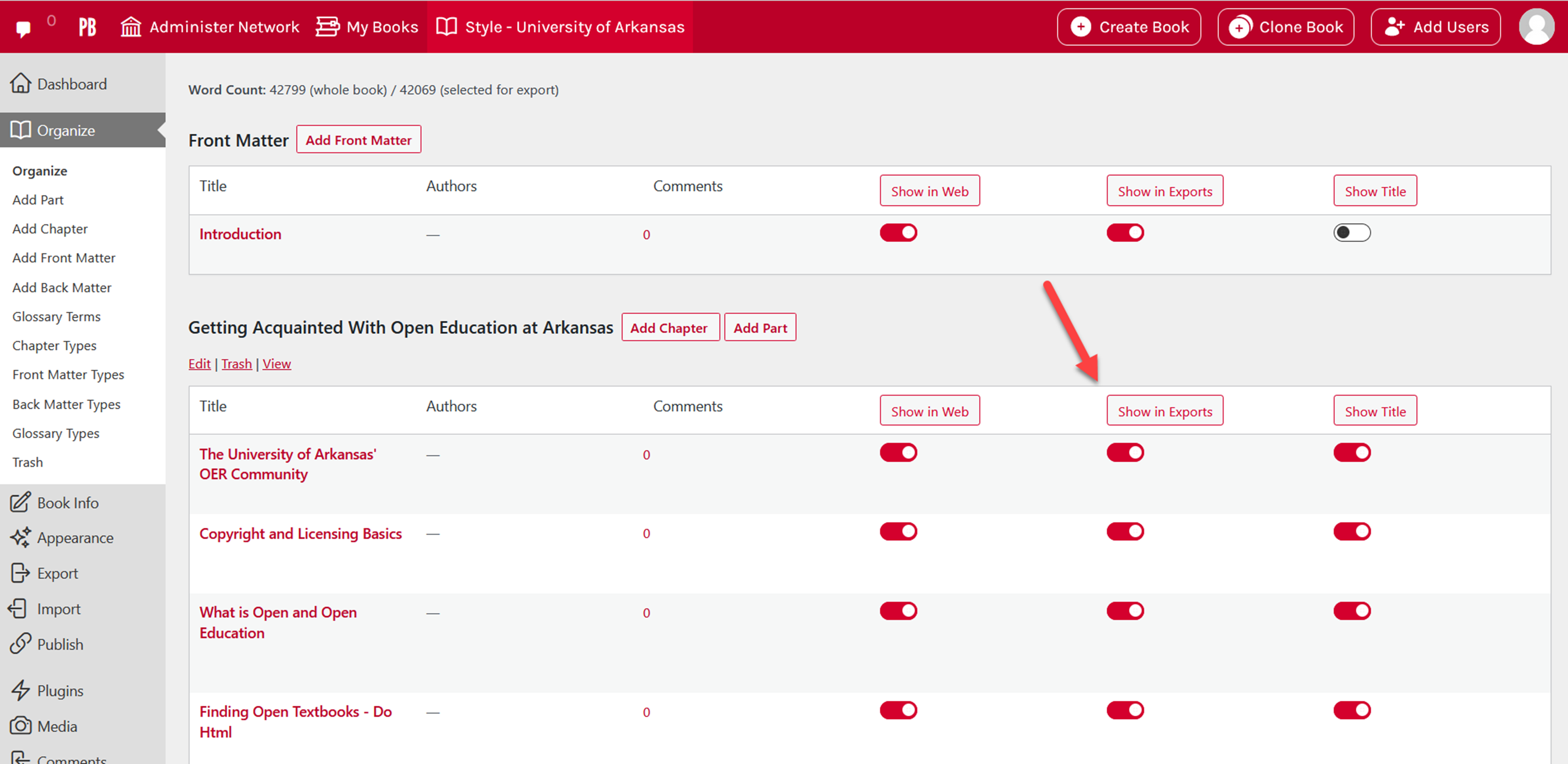 This is the organize page showing the column for switching on the show in exports using a slider button