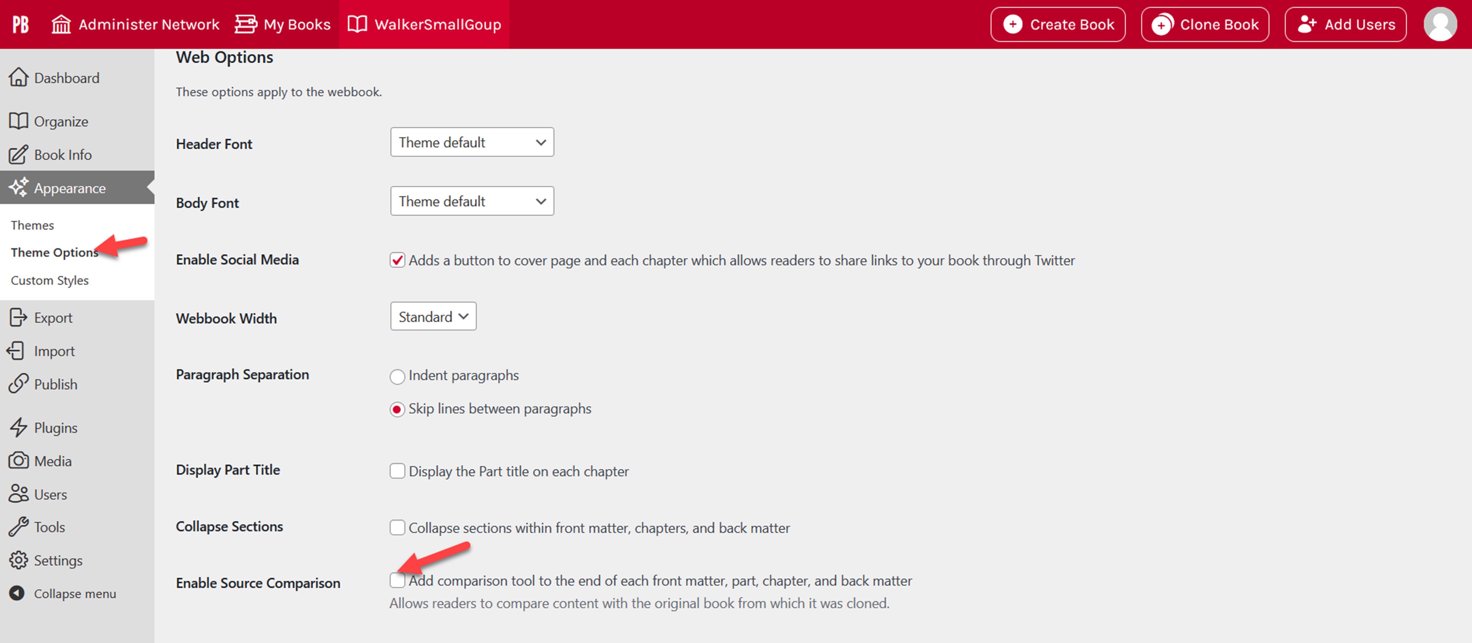 The screen shows the theme options, web options page of a cloned book with the source comparison option highlighted