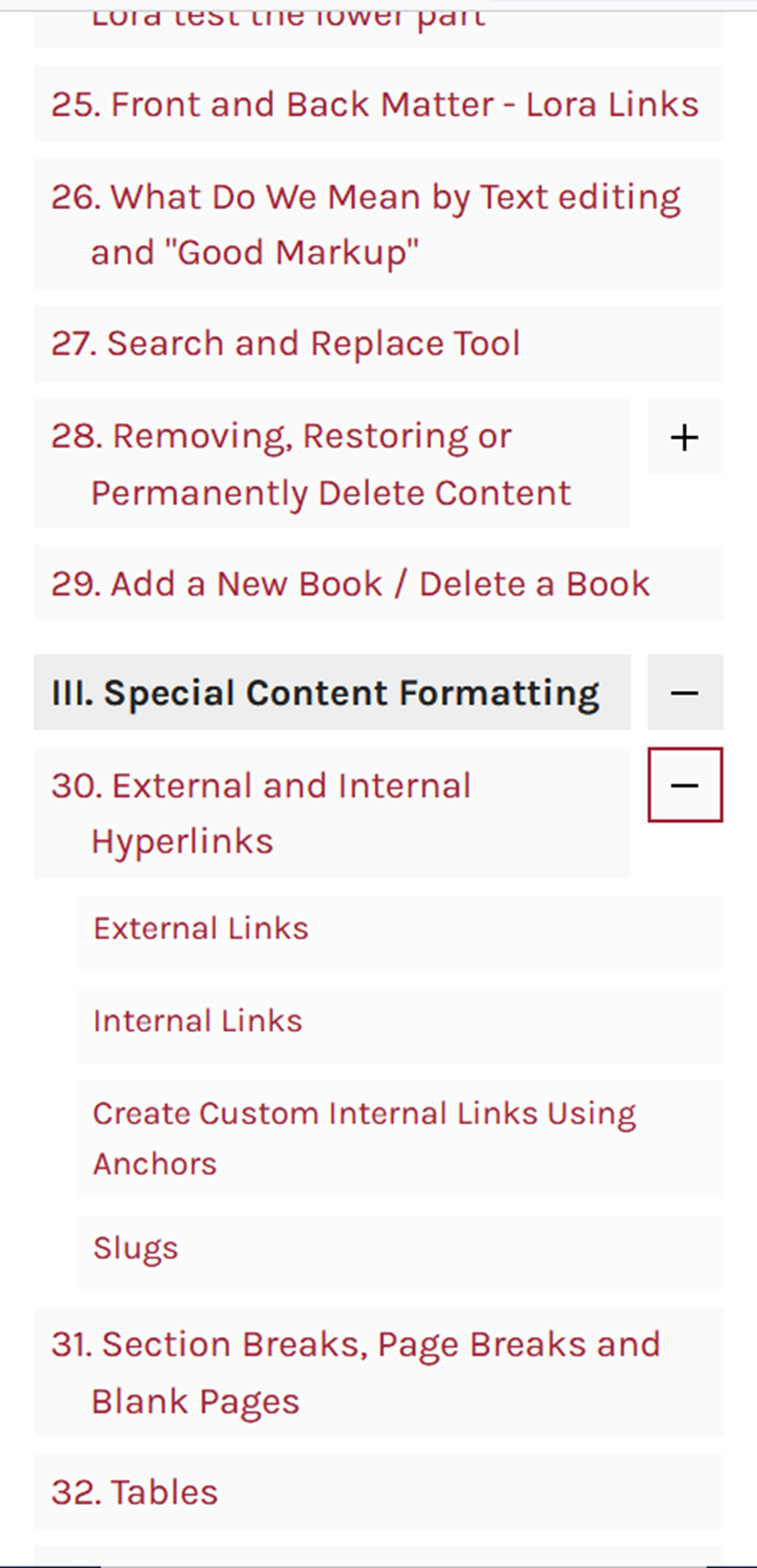 Example of a table of contents with a chapter index opened to show the sections with an h1header