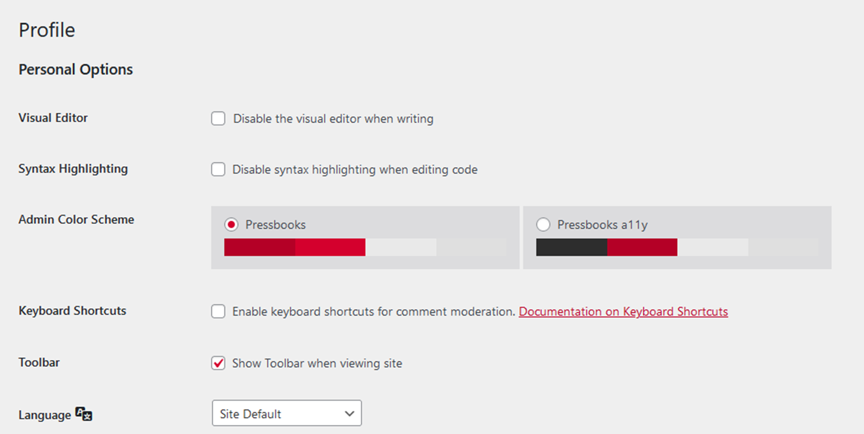 This is the first part of the user profile page and shows settings for personal preferences including: whether you wish to see the visual editor, whether code syntax should be highlighted, admin color screens, enabling keyboard shortcuts, turning toolbar on and off, and interface language