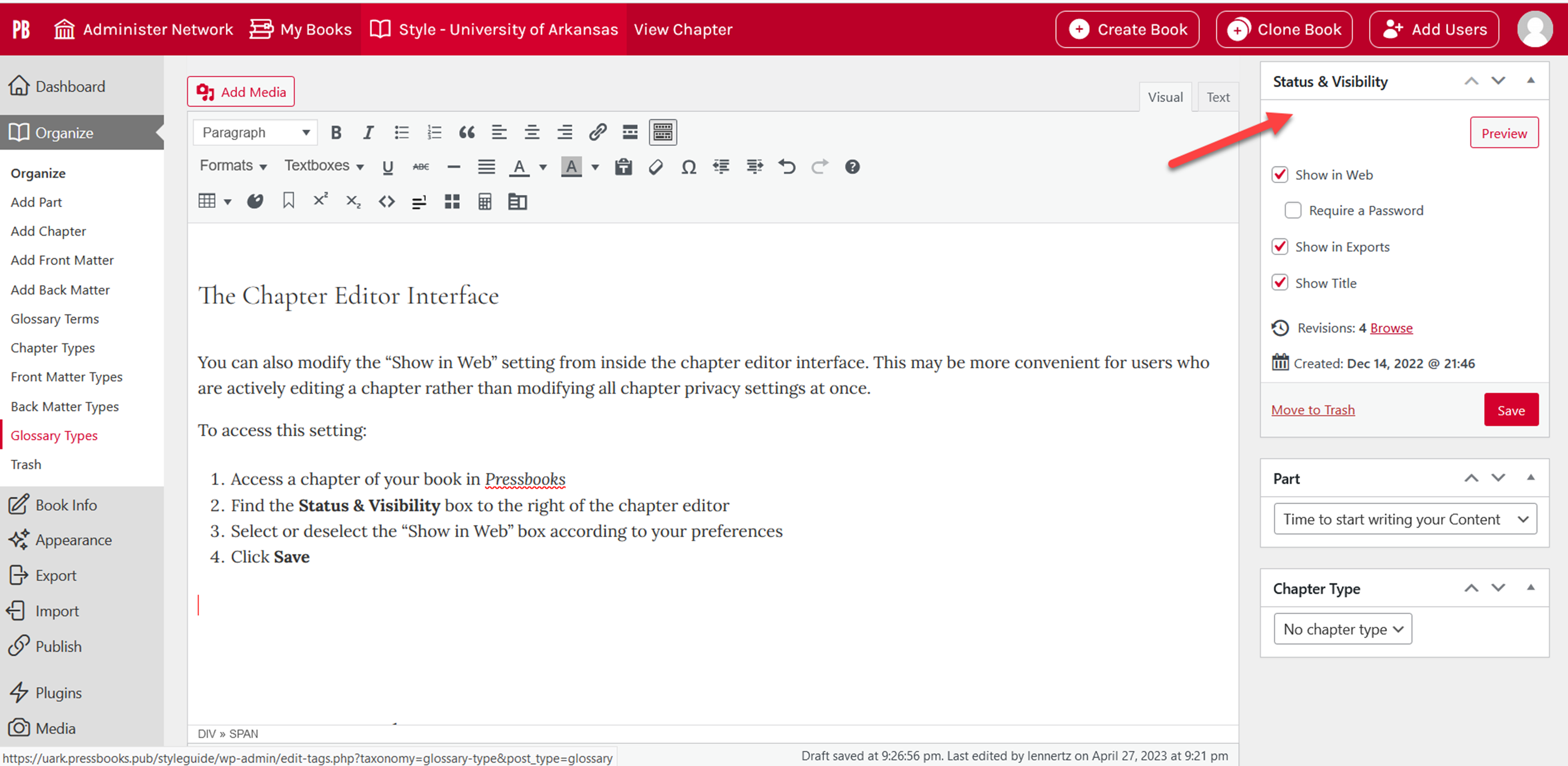 Screen shot of a chapter editor page with the box for changing visibility and status in the right corner