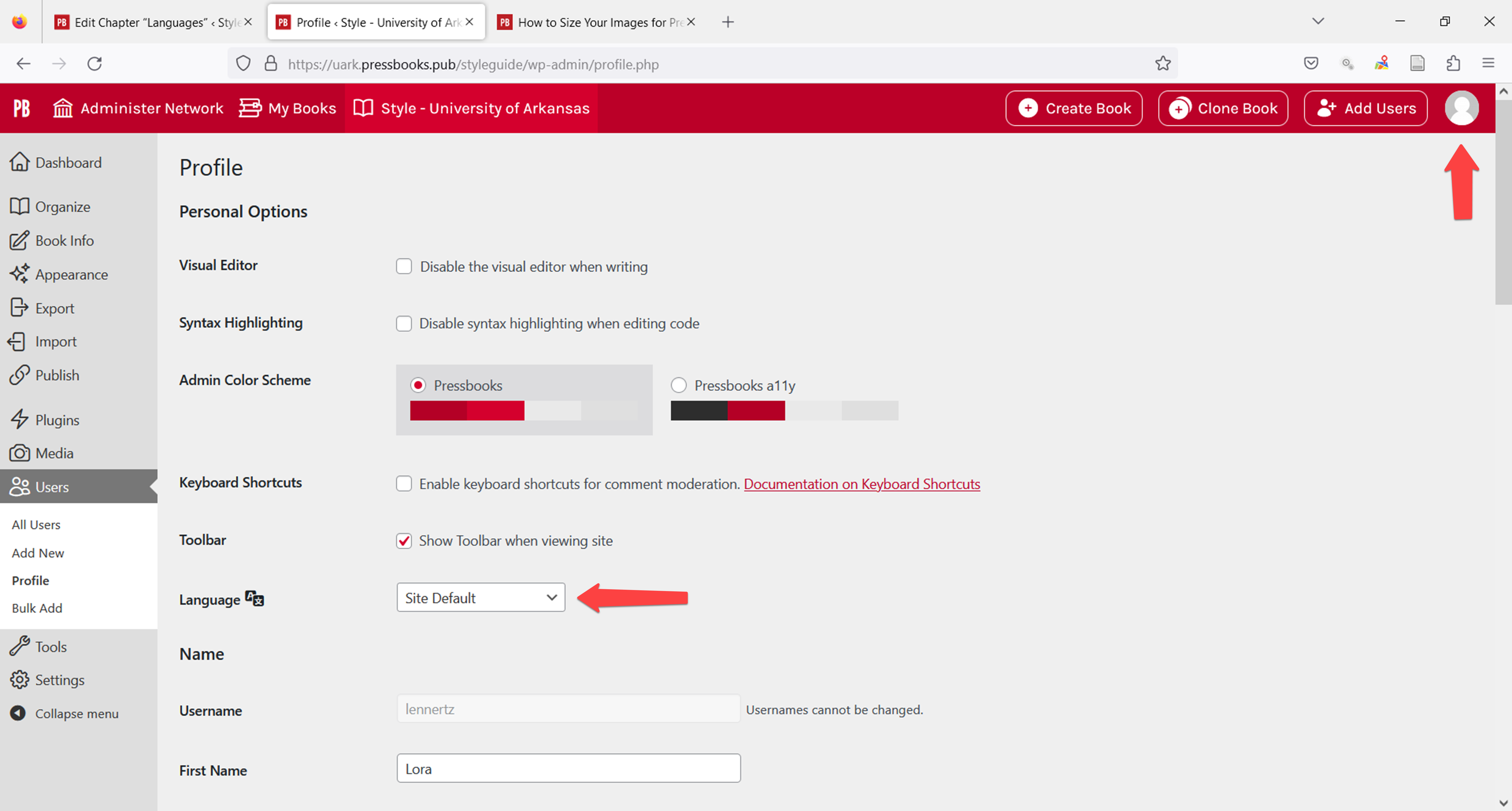 Screen showing an author's profile setting and the location of the language selection