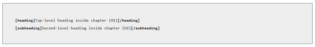 snippit of shortcode for header 1 and header 2