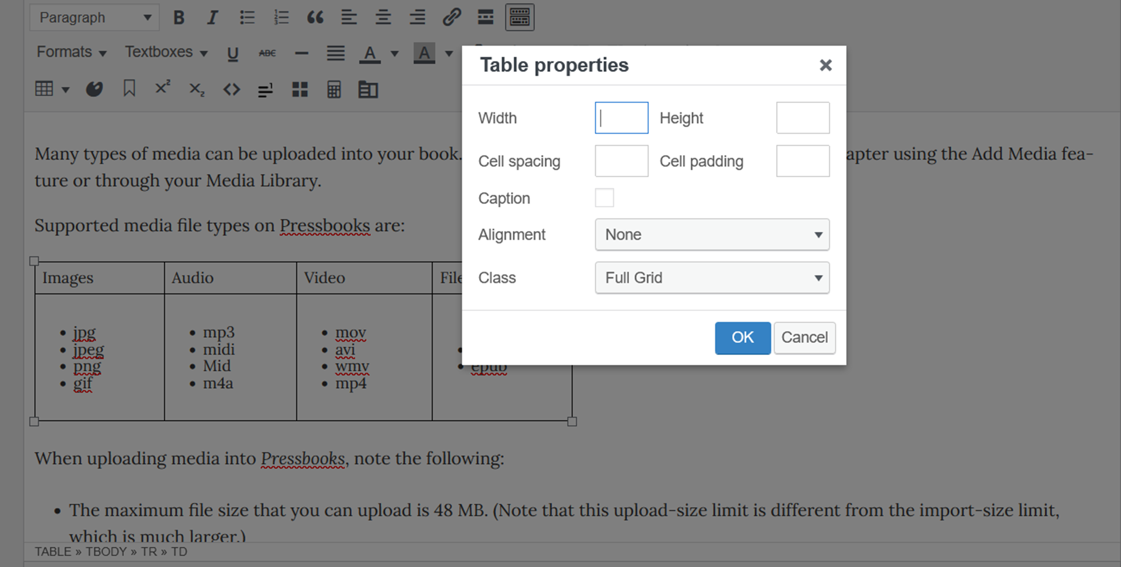 This shows a selected table for which the table properties have been opened