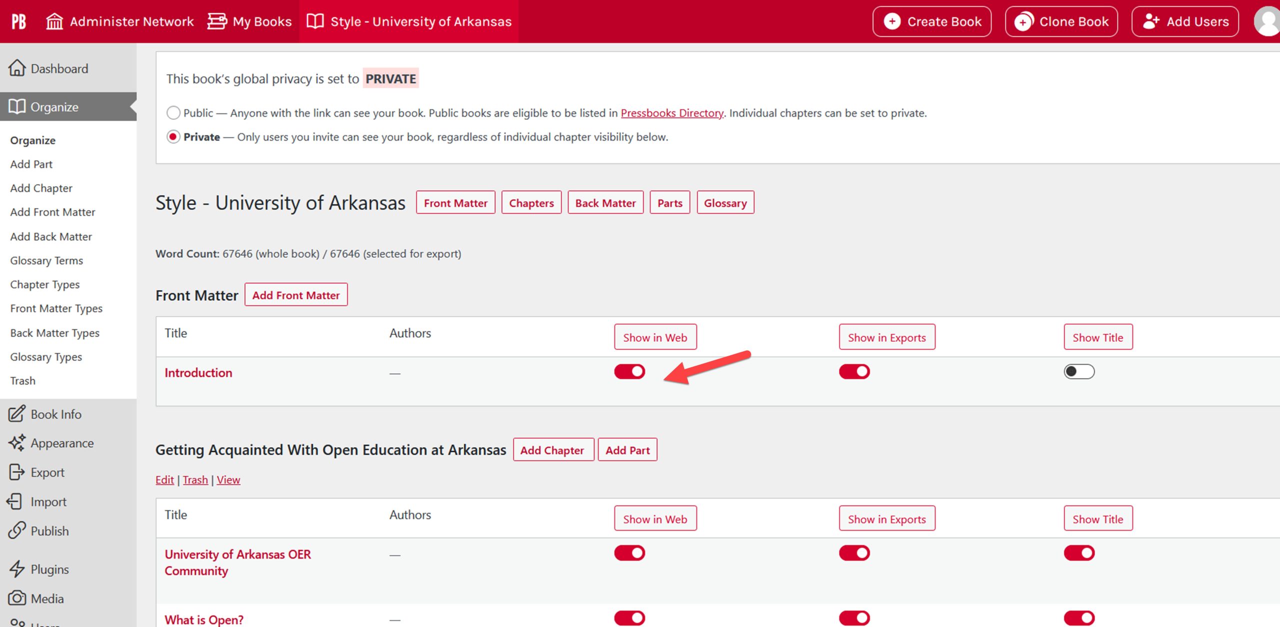 The screen shows the controls for determining whether a chapter is visible in the webbok and/or other exports