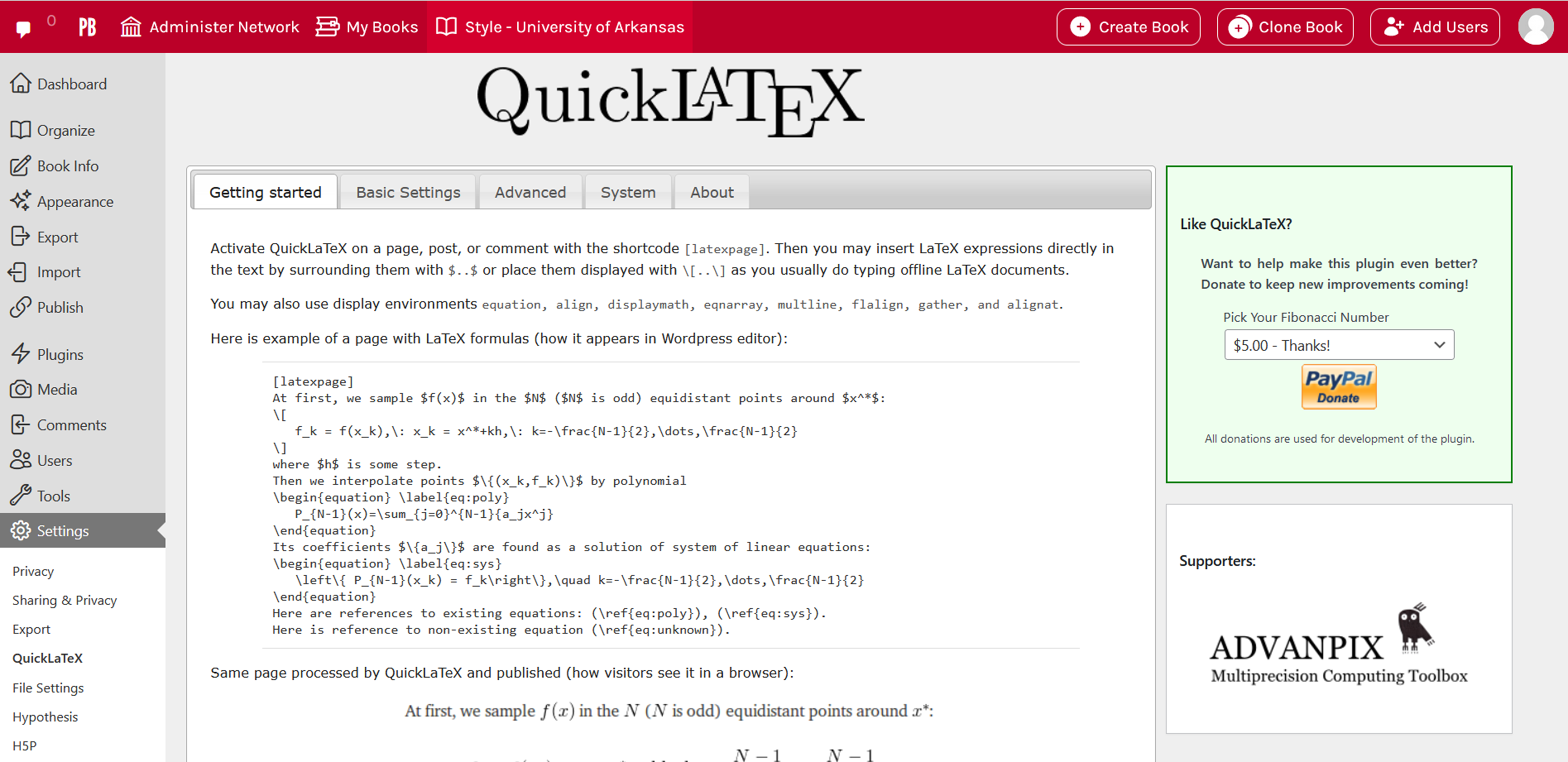 The QuickLaTeX page from the Settings page