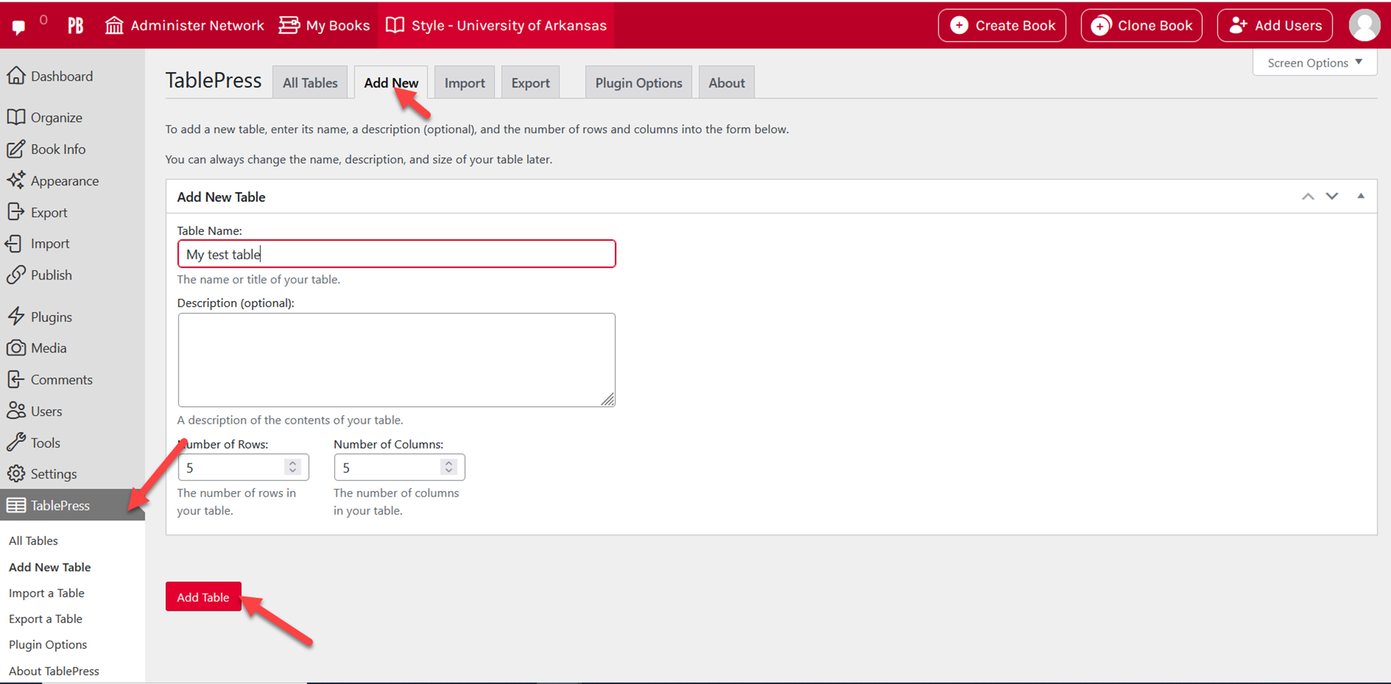 The tablepress plugin screen with the add table tab opened