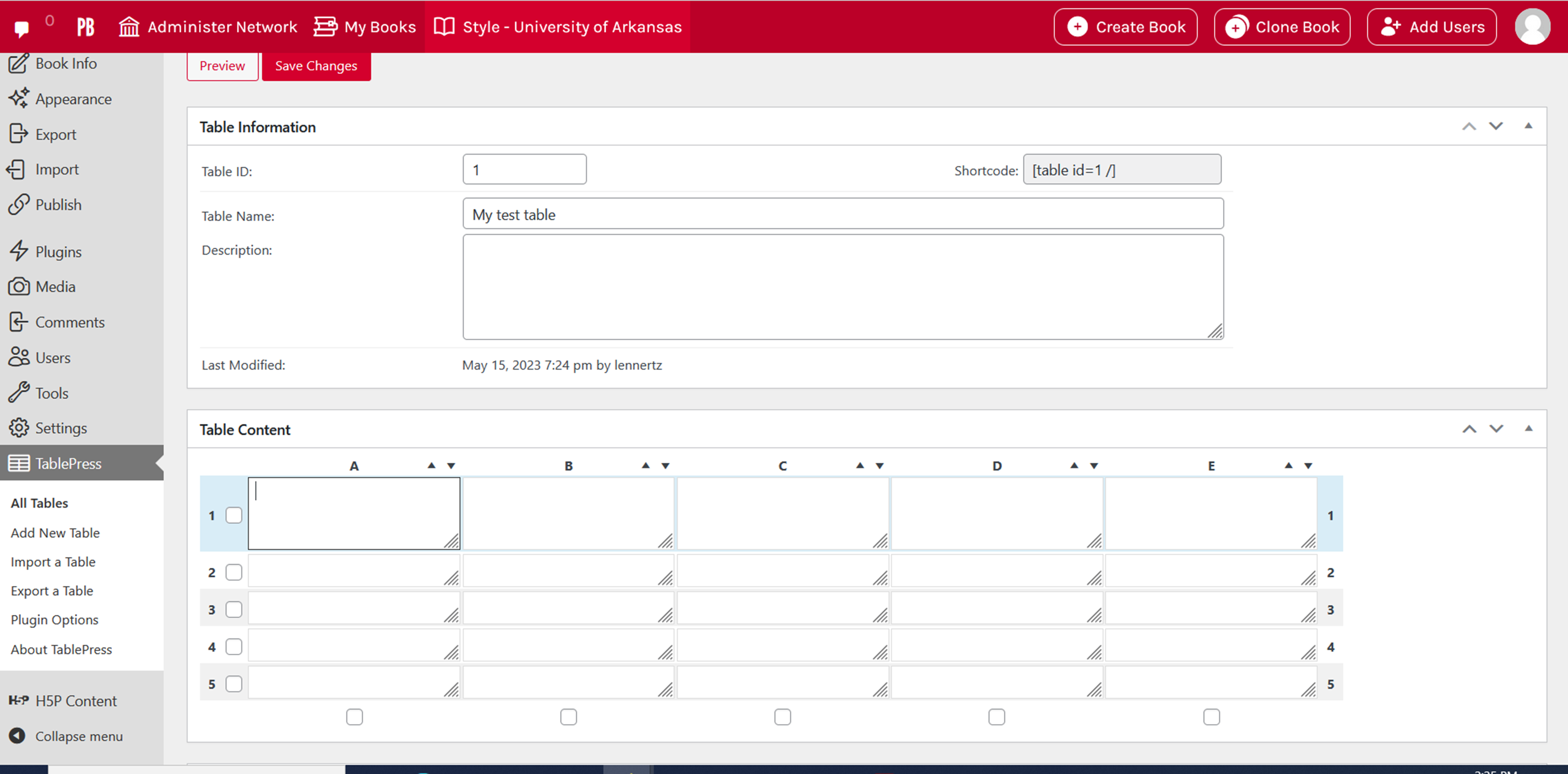 The tablepress plugin with the table creator open