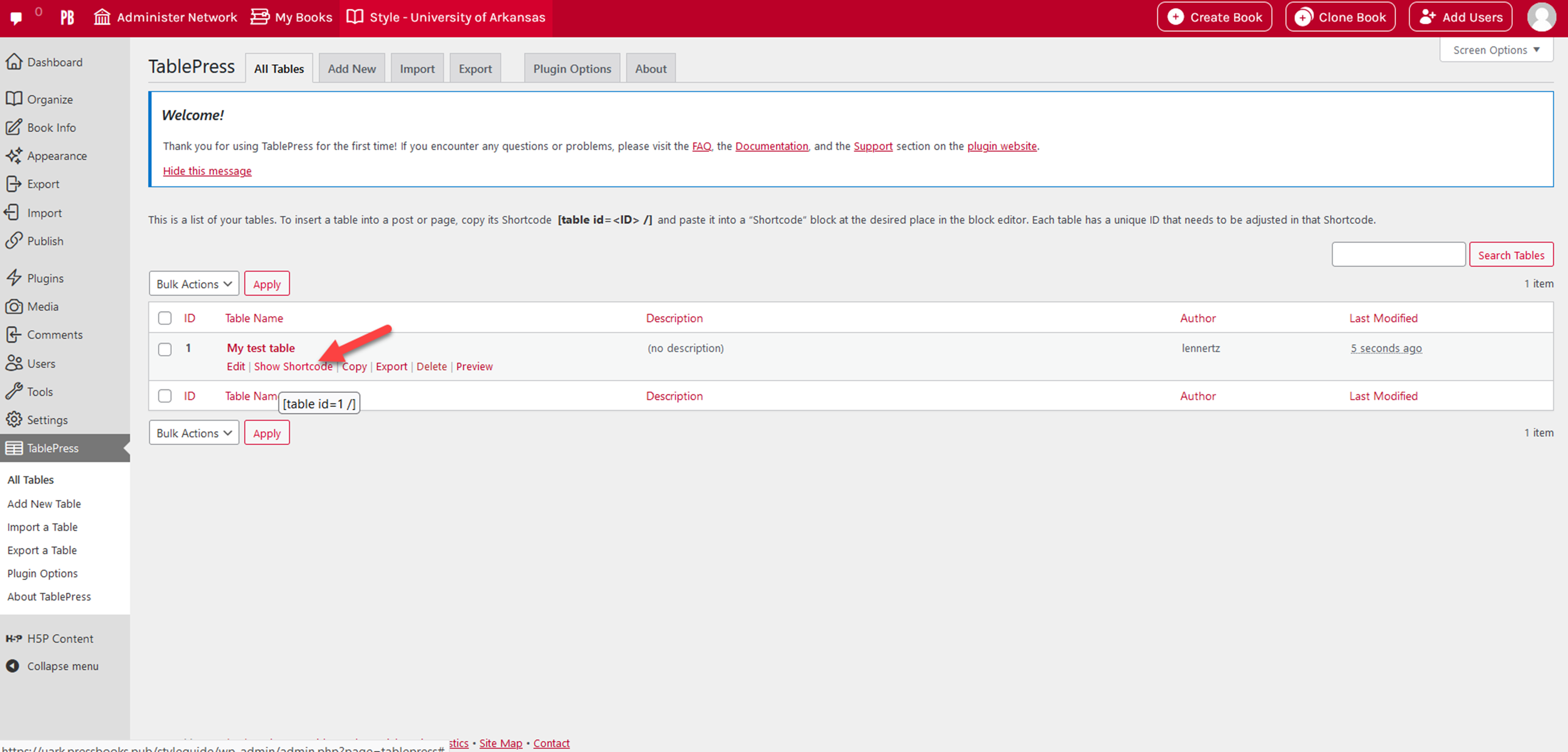 Finding the shortcode for the table by selecting the show shortcode for the title of the table of interest