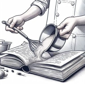 A cook mixing up ingredients and pouring them into a book.