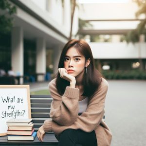 A woman looking at the camera with a sign that says, "What are my strengths?"