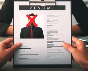 A hand holding a resume. The resume has a red X over the photo.