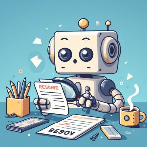A cartoon robot reading a resume
