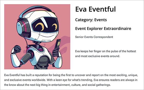 Bio of AI reporter Eva Eventful from OkayNWA website.