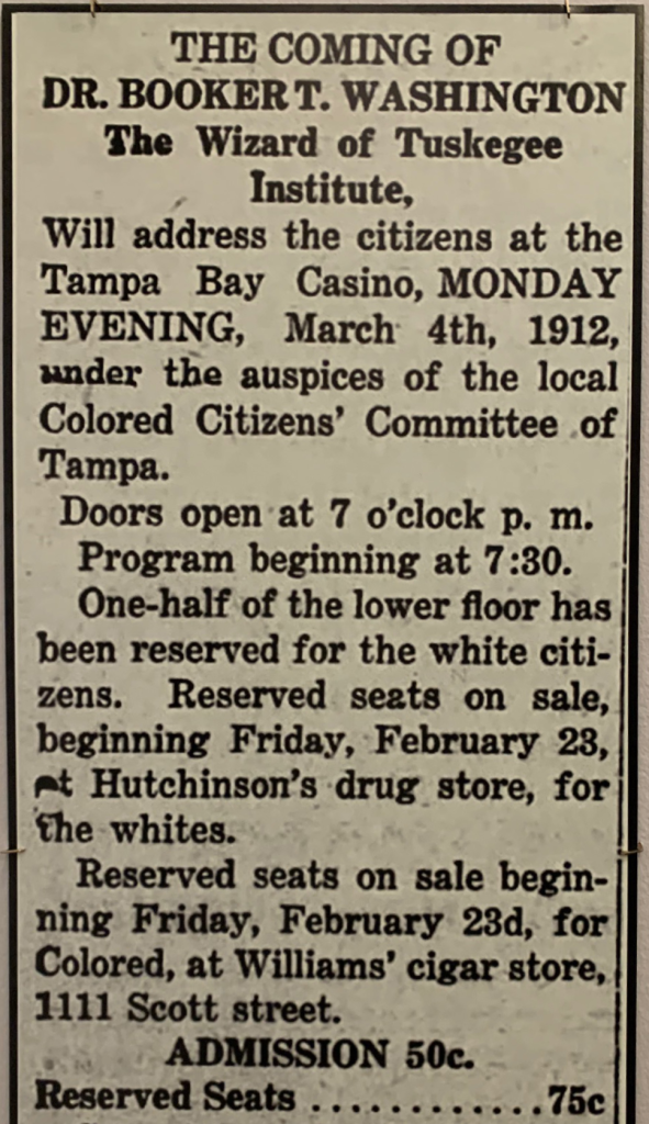 1912 Newspaper Article about Dr. Booker T. Washington visiting the Tampa Ba Casino.