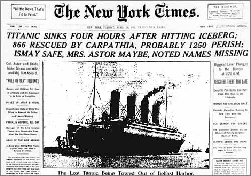 Front page about Titanic sinking