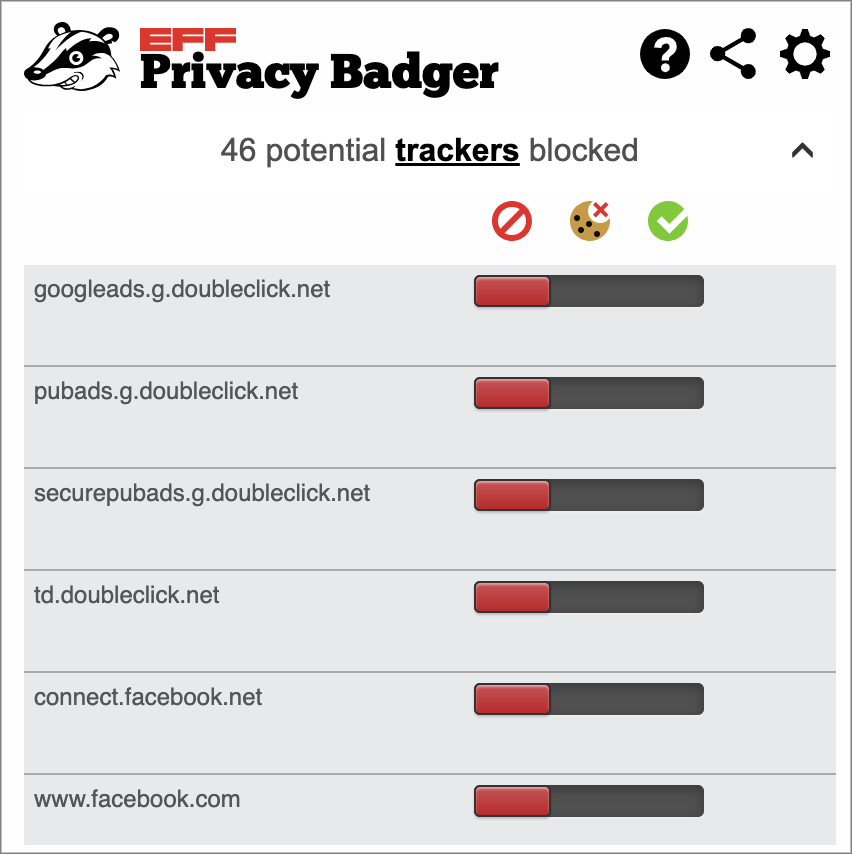 Screenshot of Privacy Badger data