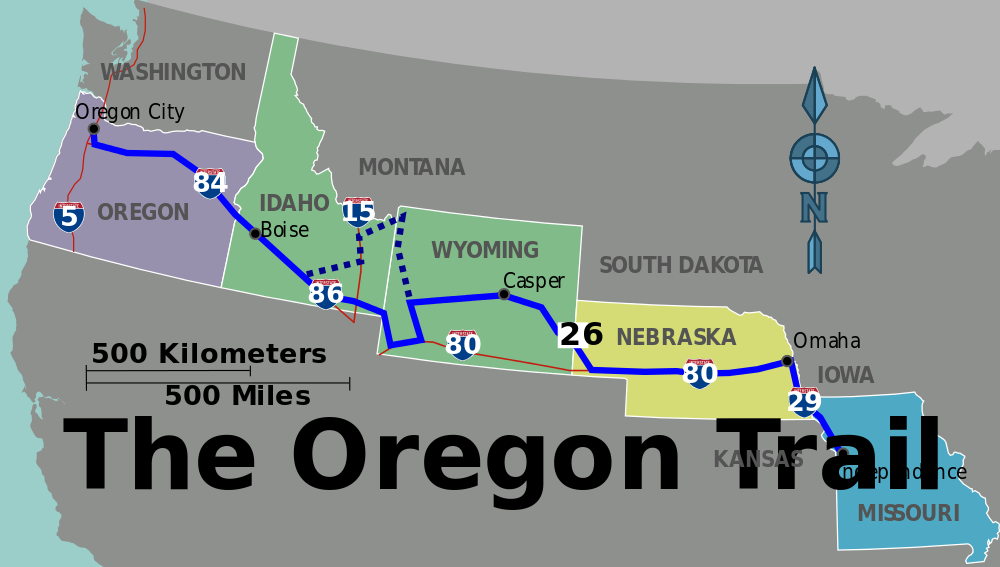 Map highlights present-day states that contain parts of the Oregon Trail, as well as current interstate highways that follow the route. 