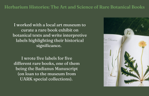 Text on a green background about a botanical book exhibit, beside an open book with dandelion illustrations.