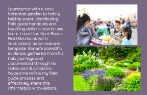 Text describing a partnership with a botanical garden alongside two images: people at an event, and a colorful garden.