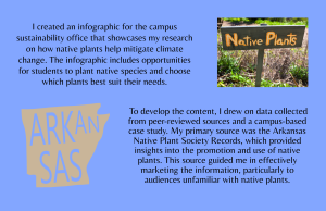 A blue infographic with text about native plants and a photo of a "Native Plants" sign.