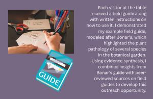A person writes "Crafting is LIFE!" on paper; nearby are scissors and colorful markers. Text explains a field guide demo.