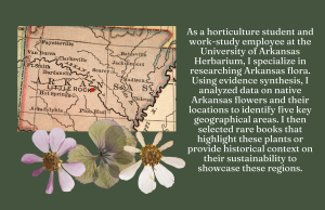 Old map of Arkansas with flowers and text about a horticulture student researching Arkansas flora.