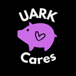 A logo for the fictional UArk Cares Foundation: a purple piggy bank with a heart inside, circled by the words UArk Cares, on a black background.