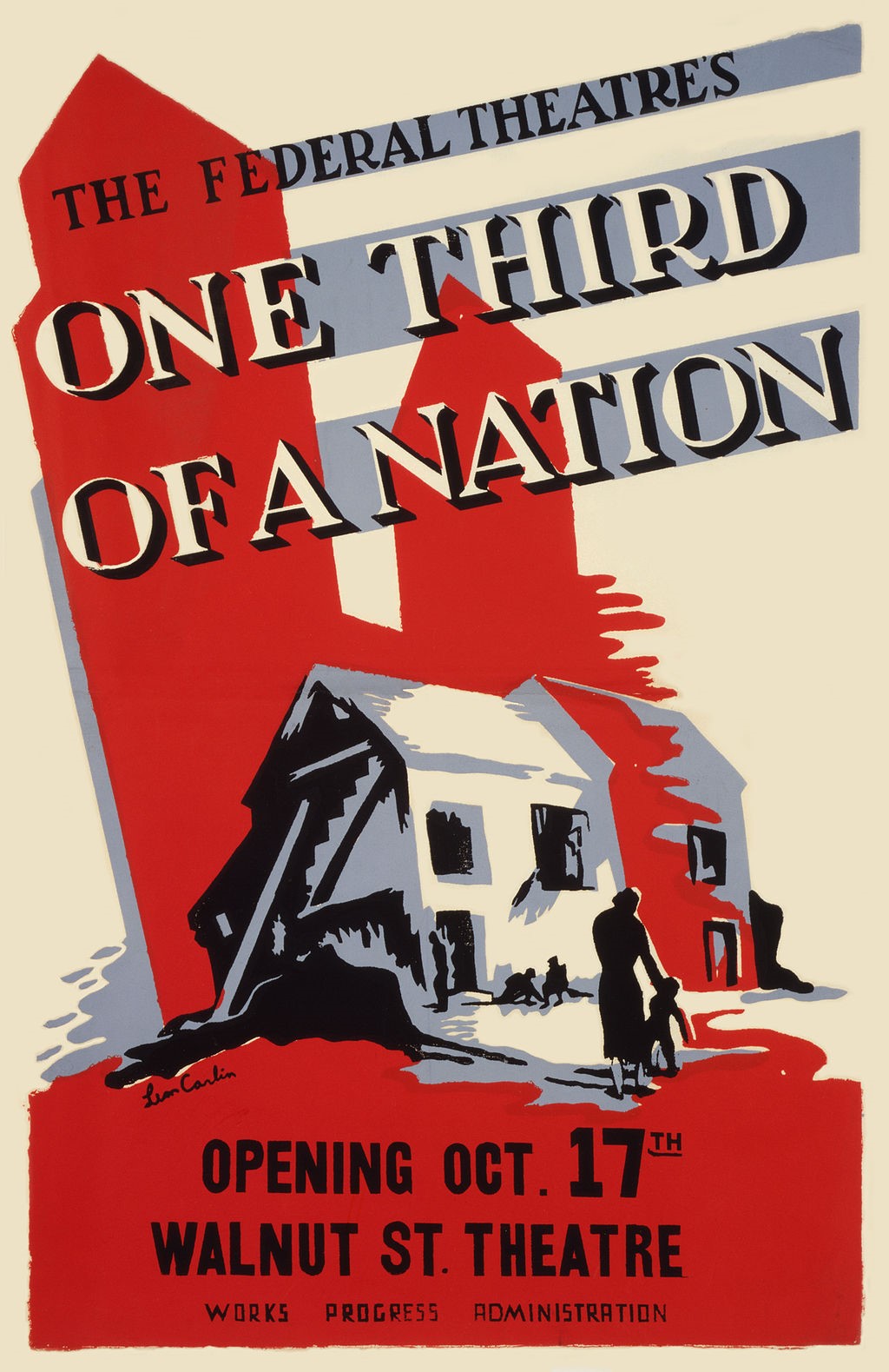 Theatre poster using contrasting alignment, text, and simple color contrast